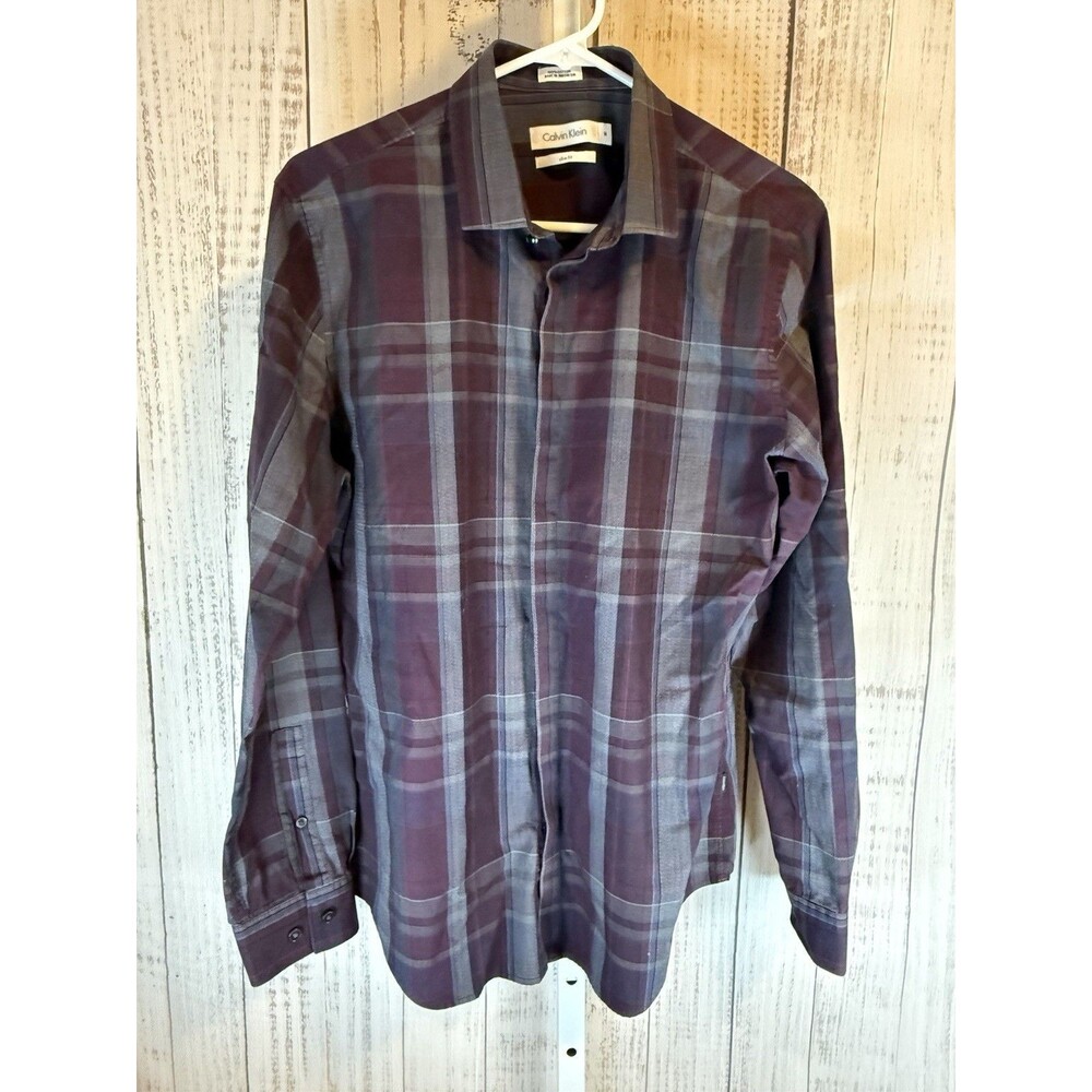 Calvin Klein Men’s Shirt Medium Slim Fit Plaid Cotton Long Sleeve Button Up